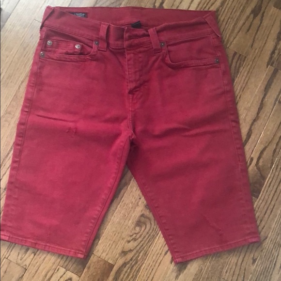 red distressed jean shorts